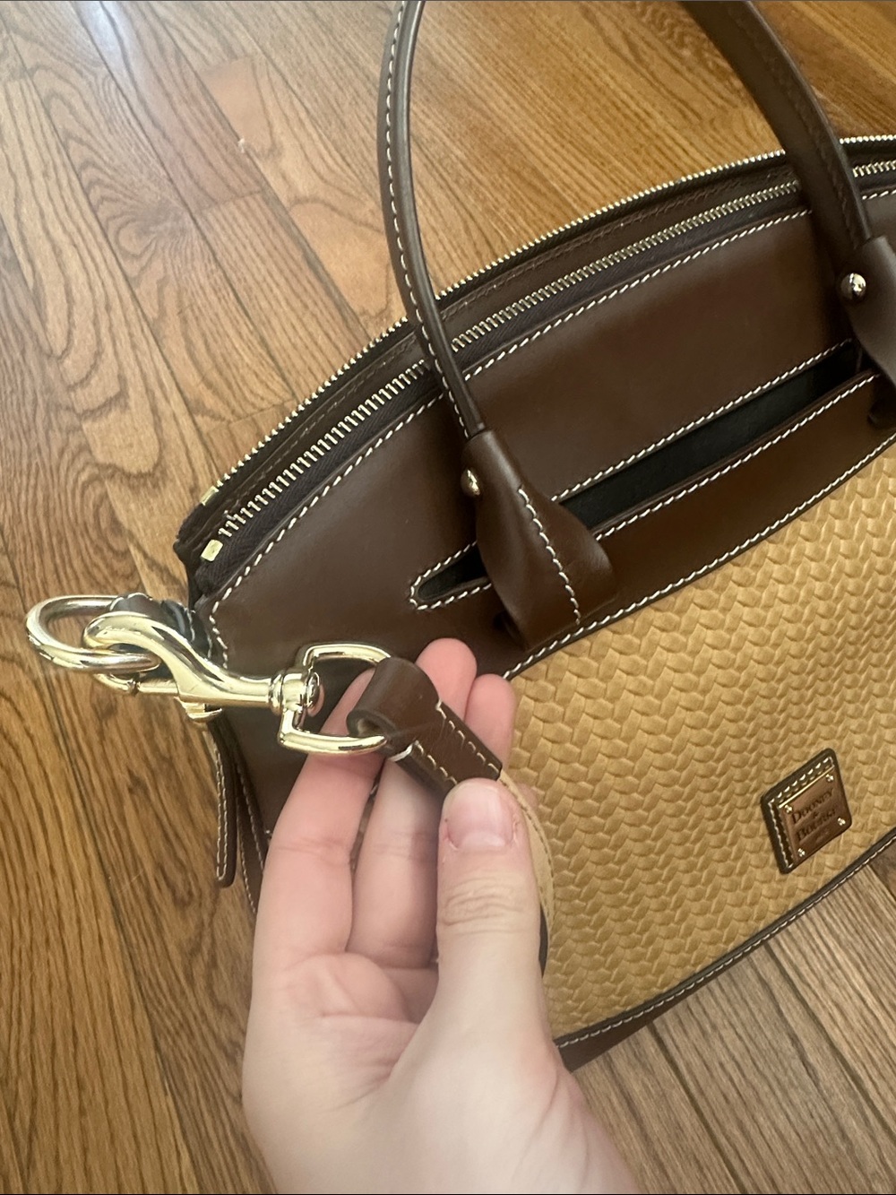 Dooney & Bourke Brown and Tan Woven Satchel With Gold Plaque - Picture 4 of 16